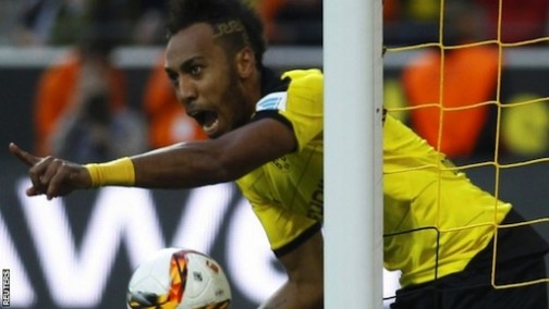 Pierre-Emerick Aubameyang celebrates after scoring for Borussia Dortmund