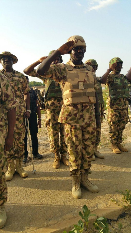 Chief of Army Staff, Lt. Gen Buratai with officers and troops in Gamboru Ngala