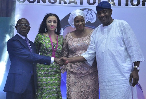 Governor Adams Oshiomhole, his wife, Iara, Mrs Arase and her husband, the Inspector-General of Police, Mr Solomon Arase at a reception organised by the Edo State Government for the Police I-G, on Friday