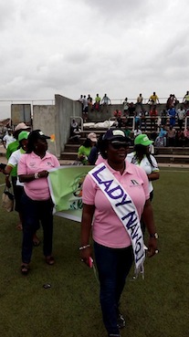 Female journalists during Match Past at the opening   ceremony of the NUJ Games on Monday at the Legacy Puitch of the National   Stadium, Surulere, Lagos