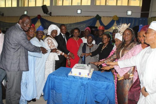 Deputy Governor, Oluranti Adebule (middle), Head of Service, Shade Jaji (In black suit) with some of the retired Permanent Secretaries cutting the retirement cake