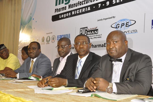 Left to Right: DG, NAFDAC - Dr. Paul Orhii , Perm Sec. Lagos State Primary Healthcare Board - Dr. Oguntimehin Olukayode, Chairman PMGMAN and MD/CEO SKG Pharma Limited - Mr. Okey Akpa and PSN President - Pharm. Olumide Akintayo during 2015 Nigeria Pharma Manufacturers Expo in Ikeja, Lagos.