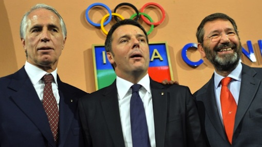 Italian Olympic Committee president Giovanni Malago, left, shown with Italian prime minister Matteo Renzi and Rome mayor Ignazio Marino, formally submitted the city's bid to host the 2024 Olympics. (Andreas Solaro/Getty Images)