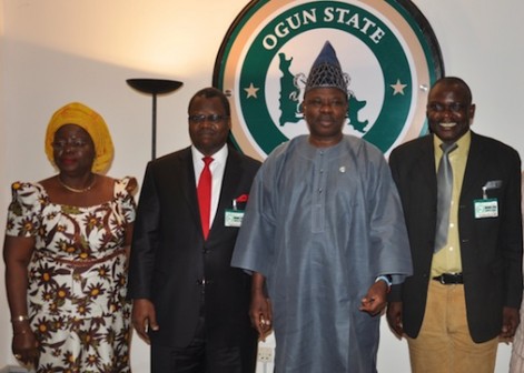 L-R: Ogun State Deputy, Chief (Mrs.) Yetunde Onanuga; National President, Association of Professional Bodies of Nigeria, Mr. Gabriel Fasooto; Ogun State Governor, Senator Ibikunle Amosun andout-going Chairman, APBN Ogun State Chapter, Mr. Bimbola Alagbe during a courtesy call on the governor at his Oke-Mosan office, Abeokuta on Tuesday