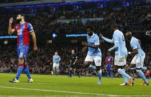 Wilfried Bony celebrates after giving Manchester City the lead