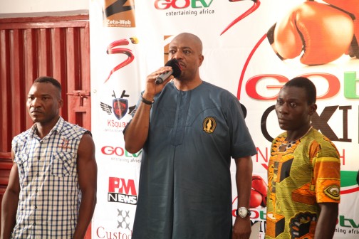 CEO Flykites Promotion, Jenkins Ajumona (middle)   introducing boxers to the media in an event before the first edition of GOtv Boxing Night