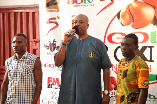 CEO Flykites Promotion, Jenkins Ajumona (middle)   introducing boxers to the media in an event before the first edition of   GOtv Boxing Night last December