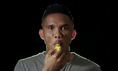 Samuel Eto’o blows the yellow whistle which is a symbol of his campaign to raise funds to help the victims of Boko Haram. Photograph: yellowhistleblowerfc.com