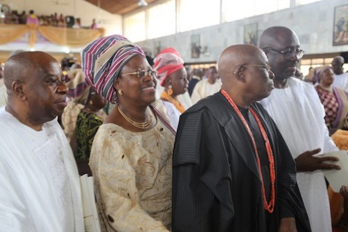 L-R: Gbenga Onabanjo, Aremo Olusegun Osoba and his wife, Derin, with Niyi Adebayo Photo: Idowu Ogunleye/PM News