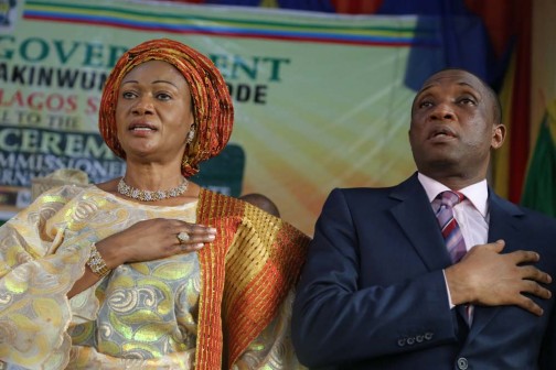 From left: Senator Oluremi Tinubu with Tunji Bello at the swearing in of new commissioners in Lagos on Monday. Photo: Idowu Ogunleye