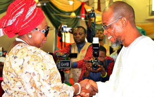 Governor State of Osun, Ogbeni Rauf Aregbesola with Former State Deputy Governor, Mrs. Erelu Olusola Obada, during the Funeral Service Of Chief Albert Olokunle Apara, at Cathedral Church of St. John Iloro, Ilesa, State of Osun, on Friday 23/10/2015.