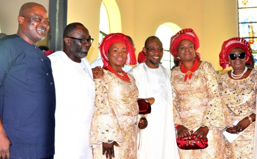  Governor State of Osun, Ogbeni Rauf Aregbesola (3rd right); Former Osun Deputy Governor, Mrs. Erelu Olusola Obada (right), Speaker House of Assembly,  Lagos State, Hon. Mudashir  Obasa (left), Mrs. Mojisola Apara (3rd left), Mrs Lolade Adeoye (2nd right) and Director General Office of Economic & Partnerships, Dr. Charles Akinola (2nd left), during the Funeral Service of Chief Albert Olokunle Apara, at Cathedral Church of St. John Iloro, Ilesa, State of Osun, on Friday 23/10/2015.