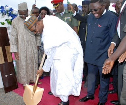 President  Muhammadu  Buhari  performing  the ground breaking duty while Governor Ben Ayade of Cross River state looks on  at  Ground breaking ceremony  of 260km. Super Highway Dual carriage Road from Calabar to Northern Nigeria held at Obung village Akamkpa of Cross River state