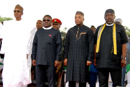 , President Muhammadu Buhari ; Governor Ben Ayade of Cross River state; Governor  Emmanuel Udom of Akwa Ibom state  and Governor Rochas Okorochi of Imo state at the Ground breaking ceremony  of 260km. Super Highway Dual carriage Road from Calabar to Northern Nigeria held at Obung village Akamkpa of Cross River state yesterday (20 -10-2015) . GODWIN OMOIGUI.