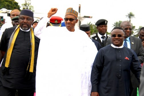 President Muhammadu Buhari (center) acKnowledged crowd, flanked by Governor Ben Ayade of Cross River state(right) and Governor Rochas Okorochi of Imo state at the Ground breaking ceremony  of 260km. Super Highway Dual carriage Road from Calabar to Northern Nigeria held at Obung village Akamkpa of Cross River state  Photo: GODWIN OMOIGUI