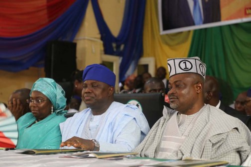 Gov.  Akinwunmi Ambode(m) with his Deputy, Idiat, Aderanti Adebule and Speaker, Lagos House of Assembly, RT. Hon.-Mudasiru Obasa during the swearing in of new Lagos commissioners on Monday, 19 October, 2015. Photo: Idowu Ogunleye.