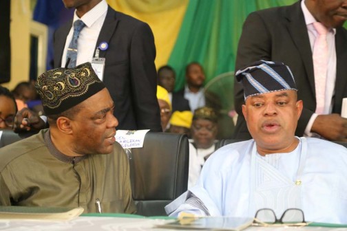 Senators Ganiyu Solomon (L) and Gbenga Ashafa at the swearing in of new Lagos commissioners.