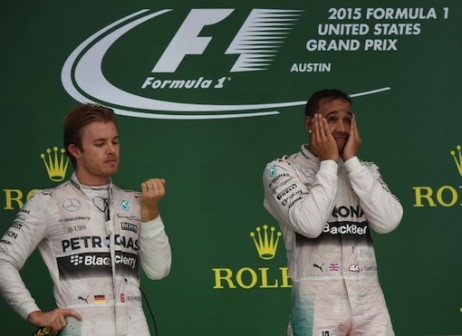 Mercedes AMG Petronas driver Lewis Hamilton of Britain (R) and teammate Nico Rosberg of Germany after winning the United States Formula One Grand Prix and the Drivers Championships at the Circuit of The Americas in Austin, Texas Photo: AFP