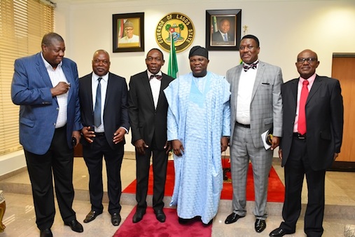 Lagos State Governor, Mr. Akinwunmi Ambode (3rd right) with Tennis Captain, Mr. Olumide Odusanya, President of Lagos Lawn Tennis Club, Barrister Rotimi Edu, Secretary of the Club, Mr. Adewunmi Adisa, Ex-Officios of the Club; Engr. Sadiku and Mr. Yomi Erogbogbo, during a courtesy visit to the Governor by the President and Board of Trustees of Lagos Lawn Tennis Club, at the Lagos House, Ikeja, on Wednesday, September 30, 2015