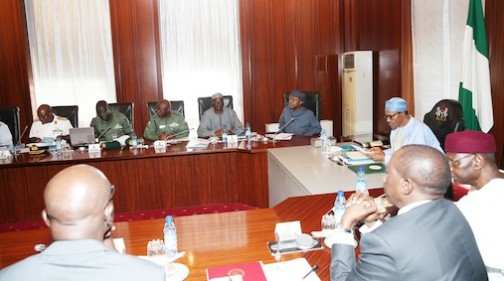 President Muhammadu Buhari, Vice President Yemi Osinbajo, Permanent Secretary Alhaji Ismaila Aliyu, Chief of Defence Staff, General Abayomi Gabriel Olonisakin, Chief of Army Staff, Lt General T.Y. Buratai, Chief of Naval Staff, Vice Admiral Ibok-Ete Ekwe Ibas and Chief of Air Staff, Air Marshal Sadique Abubakar during a meeting with the Service Chiefs at the State House in Abuja
