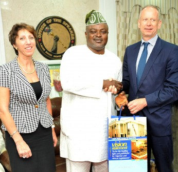 Speaker of the Lagos State House of Assembly, Mudashiru Obasa, presenting a gift to the Consul-General of German Embassy in Lagos, Mr. Ingo Herbert in his Alausa Ikeja office,