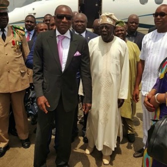 Asiwaju Bola Tinubu (R) and Governor Akinwunmi Ambode (behind) receive  President Conde in Lagos State