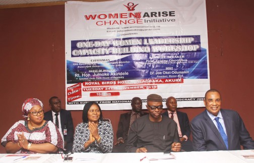 L-R:  MRS. SIMI AKINDELE ODUNMBAKU, HON. COMMISSIONER FOR COMMUNITY DEVELOPMENT & COOPERATIVE, ONDO STATE, DR.JOE OKEI-ODUMAKIN, PRESIDENT WOMEN ARISE, HIS EXCELLENCY, DR. OLUSEGUN MIMIKO, GOVERNOR, ONDO STATE, CHAIRMAN OF THE OCCASION & PROF. FRIDAY OKONOFUA, VC, UNIVERSITY OF MEDICAL SCIENCES, ONDO STATE, KEYNOTE SPEAKER @ THE LEADERSHIP CAPACITY BUILDING WORKSHOP ON WOMEN POLITICAL PARTICIPATION & INCLUSION IN DECISION - MAKING PROCESS IN EKITI, OSUN & ONDO STATE, ORGANISED BY WOMEN ARISE, TUESDAY 24TH NOVEMBER, 2015, AKURE , ONDO STATE.