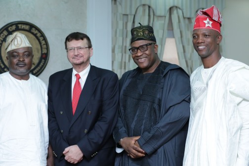 L-R: Speaker, Lagos State House of Assembly, Rt. Hon. Mudashiru Obasa; Deputy High Commissioner, of Canada in Nigeria, Mr Lajos Arendas; Chairman, House Committee on Information and Strategy, Hon Tunde Buraimoh; and Chairman, House Service Committee, Hon Rasheed Makinde when Mr Arendas visited the Speaker in his office on Tuesday.