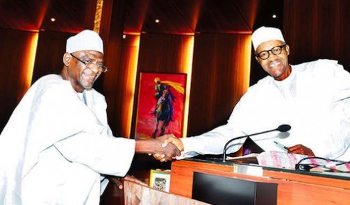 Education Minister, Adamu Adamu shake hands with President Muhammadu Buhari