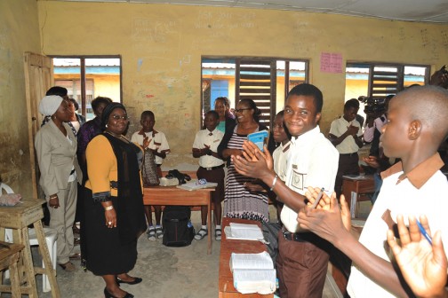 Deputy Governor of Lagos State, Dr Idiat Adebule applauded by students of a Lagos State public school