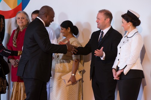 Ghanaian President John Dramani being welcomed by Prime Minister of Malta Dr Joseph Muscat and his wife as he arrives to participate at the Opening of the 2015 Commonwealth Heads of Government Meeting in Malta on 27th Nov 2015 