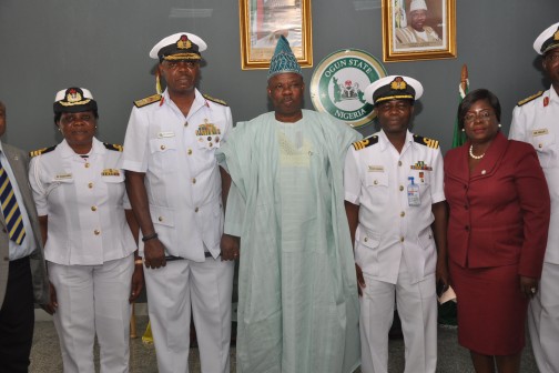 Governor Ibikunle Amosun (centre),his deputy, Chief (Mrs) Yetunde Onanuga (2nd right); Flag Officer Commanding, Western Naval Command, Rear Admiral Rafael Osondu (2nd left); Command Intelligence Officer, Commander Mohammed Hassan (right); Command Education Officer, Commander Regina Eleazu Suraj Bello (left) during a courtesy visit on the governor today in Abeokuta.