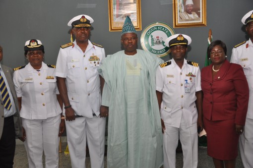 Governor Ibikunle Amosun (centre),his deputy, Chief (Mrs) Yetunde Onanuga (right); Flag Officer Commanding, Western Naval Command, Rear Admiral Rafael Osondu (2nd left); Command Intelligence Officer, Commander Mohammed Hassan (2nd right); Command Education Officer, Commander Regina Eleazu Suraj Bello (left) during a courtesy visit on the governor today in Abeokuta.