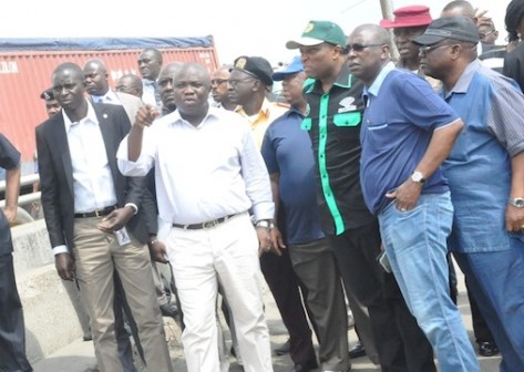 Lagos State Governor, Mr. Akinwunmi Ambode; Commissioner for the Environment, Dr. Babatunde Adejare; Secretary to the State Government, Mr. Tunji Bello, Commissioner for Transportation, Dr. Dayo Mobereola and Commissioner for Works & Infrastructure, Engr. Ganiyu Johnson, during the Governor’s  inspection of Liverpool Road, Apapa, on Tuesday, November 10, 2015