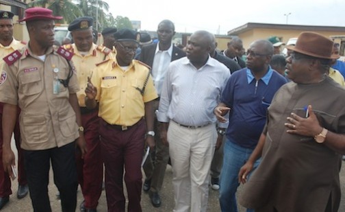 Lagos State Governor, Mr. Akinwunmi Ambode (middle); with C.E.O , Lagos State Traffic Management Authority (LASTMA), Mr. Christian Olakpe; Commissioner for Transportation, Dr. Dayo Mobereola; General Manager, LASTMA, Mr. Bashir Braimah and Sector Commander, Federal Road Safety Corps, Lagos, Mr. Hyginus Omeje, during the Governor’s inspection of the LASTMA yard, Oshodi, on Tuesday, November 10, 2015