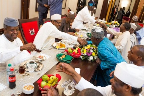 President Muhammadu Buhari, Vice President Yemi Osinbajo dine with senators at the Aso Villa