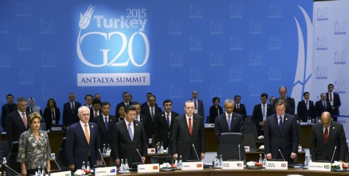 Leaders of the Group of 20 major economies observe a minutes silence in memory of the Paris attacks before a working session at the G20 summit in the Mediterranean resort city of Antalya, Turkey, November 15, 2015. Pictured from L : Brazil's President Dilma Rousseff, Australia's Prime Minister Malcolm Turnbull, China's President Xi Jinping, Turkey's President Tayyip Erdogan, U.S. President Barack Obama, Britain's Prime Minister David Cameron and South Africa's President Jacob Zuma. REUTERS