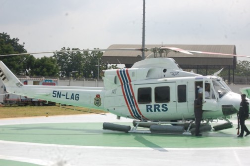 One of the helicopters procured by Lagos State for the police during the commissioning Friday by President Muhammadu Buhari's representative, Gen Danbazzau