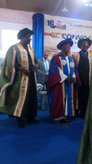 Governor Ibikunle Amosun, Chief Olusegun Obasanjo and the Pro Chancellor, TASUED, Prof. Olufemi Bamiro as he was conferred with the honourary doctorate of Education in Political Science today at the 2015 Convocation and 10th anniversary ceremonies of the University.Photo: Abiodun Onafuye