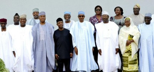 President Muhammadu Buhari, Vice President, Prof. Yemi Osinbajo, national assembly leaders and newly sworn-in INEC chairman, commissioners