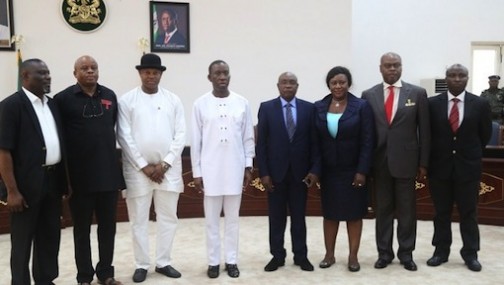 Governor Ifeanyi Okowa, Brig. Gen. Paul Boroh (retd) and members of the Amnesty Office during a courtesy call in Delta State
