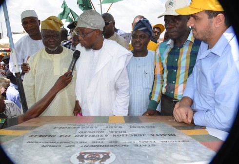 From right, Managing Director (Construction), RATCON Construction Co. Limited, Engr. Fouad Howayek; Permanent Secretary Ministry of Works State of Osun, Engr. Nerudeen Adeagbo; Member State House of Assembly, Hon. Biodun Awolola; Governor Rauf Aregbesola; Deputy Speaker of the House of Assembly, Hon.Akintunde Adegboye and Secretary to the State Government, Alhaji Moshood Adeoti, during the flag-off of reconstruction of Olaiya Junction-Asubiaro-Ita Olokan Road, Osogbo, State of Osun on Friday 27-011-2015Asubiaro-Ita