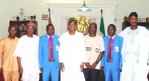 Governor State of Osun Ogbeni Rauf Aregbesola (4th right); Secretary to the  State Government, Alhaji Moshood Adeoti (right);Chief of Staff to the Governor, Alhaji Gboyega Oyetola (2nd left); The Consulate General of Ghana in Lagos, Mr Kwabena Appiah (3rd right); Representatives of Pan African Historical Theatre Project (PANAFEST),Taiwo Oluwafunso (3rd left) and his twin brother, Kehinde (2nd right); 3rd Secretary Welfare, Protocol Ghana Consulate, Mr Edinam Hanyabul (left), during the Presentation of PANAFEST Out Standing Leadership Award to the Governor in his office, at Government Secretariat Abere, Osogbo at the weekend