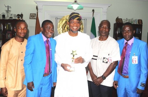 Governor State of Osun Ogbeni Rauf Aregbesola (3rd right); Consulate General of Ghana in Lagos, Mr Kwabena Appiah (2nd right); Reptesentatives of Pan African Historical Theatre Project (PANAFEST),Taiwo Oluwafunso (2nd left); his twins brother, Kehinde (right); 3rd Secretary Welfare, Protocol Ghana Consulate, Mr Edinam Hanyabul (left), during the Courtesy visit and Presentation of PANAFEST Out Standing Leadership Award to the Governor in his office at Government Secretariat Abere, Osogbo at the weekend
