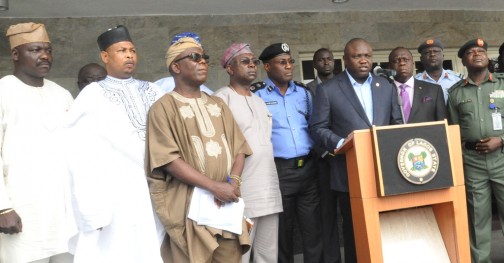 Lagos State Governor, Mr. Akinwunmi Ambode (3rd right), addressing Government House Correspondents on the Security and Traffic Situation in the State, at the Lagos House, Ikeja, on Friday, November 06, 2015. With him are (R-L): Commander, 9 Mechanized Brigade, Brigadier General Ahmed Mohammed Sabo, Commander 435 Base Service Group, Ikeja, Air Commodore Danladi Santa Bausa,  Attorney General & Commissioner for Justice, Mr. Adeniji Kazeem, State Commissioner of Police, Mr. Fatai Owoseni, Commissioner for Transportation, Dr.  Dayo Mobereola, Director, Ministry of Transportation, Engr. Adebola Matanmi, State Chairman, Road Transport Employers’ Association of Nigeria (RTEAN), Alhaji Mohammed Musa, State Chairman, National Union of Road Transport workers (NURTW), Alhaji Tajudeen Agbede