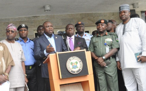 FILE PHOTO: Lagos State Governor, Mr. Akinwunmi Ambode (3rd left), addressing Government House Correspondents on the Security and Traffic Situation in the State, at the Lagos House, Ikeja, on Friday, November 06, 2015. With him are (L-R): Commissioner for Transportation, Dr.  Dayo Mobereola, State Commissioner of Police, Mr. Fatai Owoseni, Attorney General & Commissioner for Justice, Mr. Adeniji Kazeem, Commander 435 Base Service Group, Ikeja, Air Commodore Danladi Santa Bausa, Commander, 9 Mechanized Brigade, Brigadier General Ahmed Mohammed Sabo, Director, State Security Service, Mr. Adekunle Ajanaku.