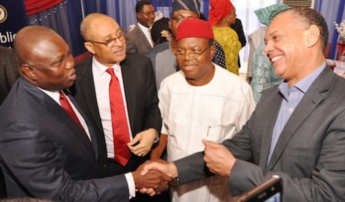 Lagos State Governor, Mr. Akinwunmi Ambode (left); exchanging pleasantries with Group Vice President, Mr.  Guy Murray-Bruce (right); while Founder/C.E.O, Centre for Values in Leadership, Prof. Pat Utomi (2nd left) and Dr. Raymond Ihuoma (2nd right), watch,  during the 2015 Humbert H. Humphrey Annual Lecture and Awards Luncheon, at the Metropolitan Club, Kofo Abayomi Street, Victoria Island, Lagos, on Thursday, November 19, 2015