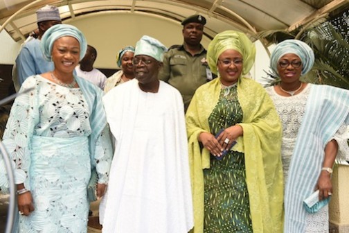 R-L: Wife of Lagos State Governor, Mrs. Bolanle Ambode; Wife of the President, Mrs. Aisha Buhari; National Leader, All Progressives Congress (APC), Asiwaju Bola Ahmed Tinubu and his wife, Senator Oluremi Tinubu, during a courtesy visit by Wife of the President to Asiwaju Tinubu, at his Bourdillon Residence in Ikoyi, on Saturday, November 21, 2015