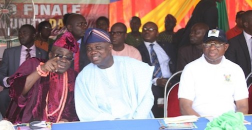 Lagos State Governor, Mr. Akinwunmi Ambode (middle) with Oba of Lagos, Oba Rilwan Akiolu I (left) and Commissioner for Local Government & Community Affairs, Hon. Muslim Folami, during the Year 2015 Community Day Celebration  with the theme - Community Development: Tool for Sustainable Development, at the Police College Parade Ground, G.R.A, Ikeja, Lagos, on Thursday, November 12, 2015