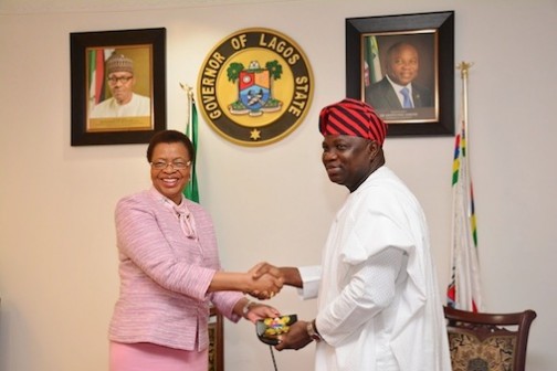 Lagos State Governor, Mr. Akinwunmi Ambode (right) presenting a state plaque to Founder, Graca Machel Trust & Inaugural Chancellor, African Leadership University, Mrs. Graca Machel Mandela, during a courtesy visit to the Governor, at the Lagos House, Ikeja, on Friday, November 13, 2015